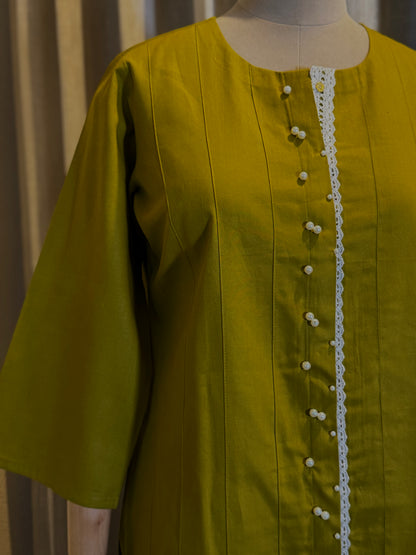 Women Olive Pearl Embellished Kurta Set