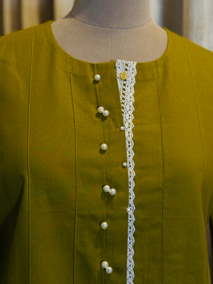 Women Olive Pearl Embellished Kurta Set