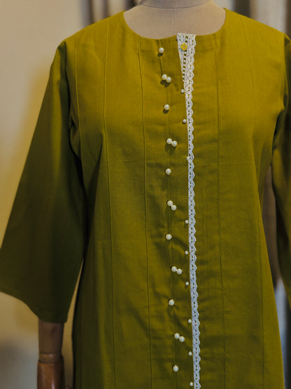 Women Olive Pearl Embellished Kurta Set