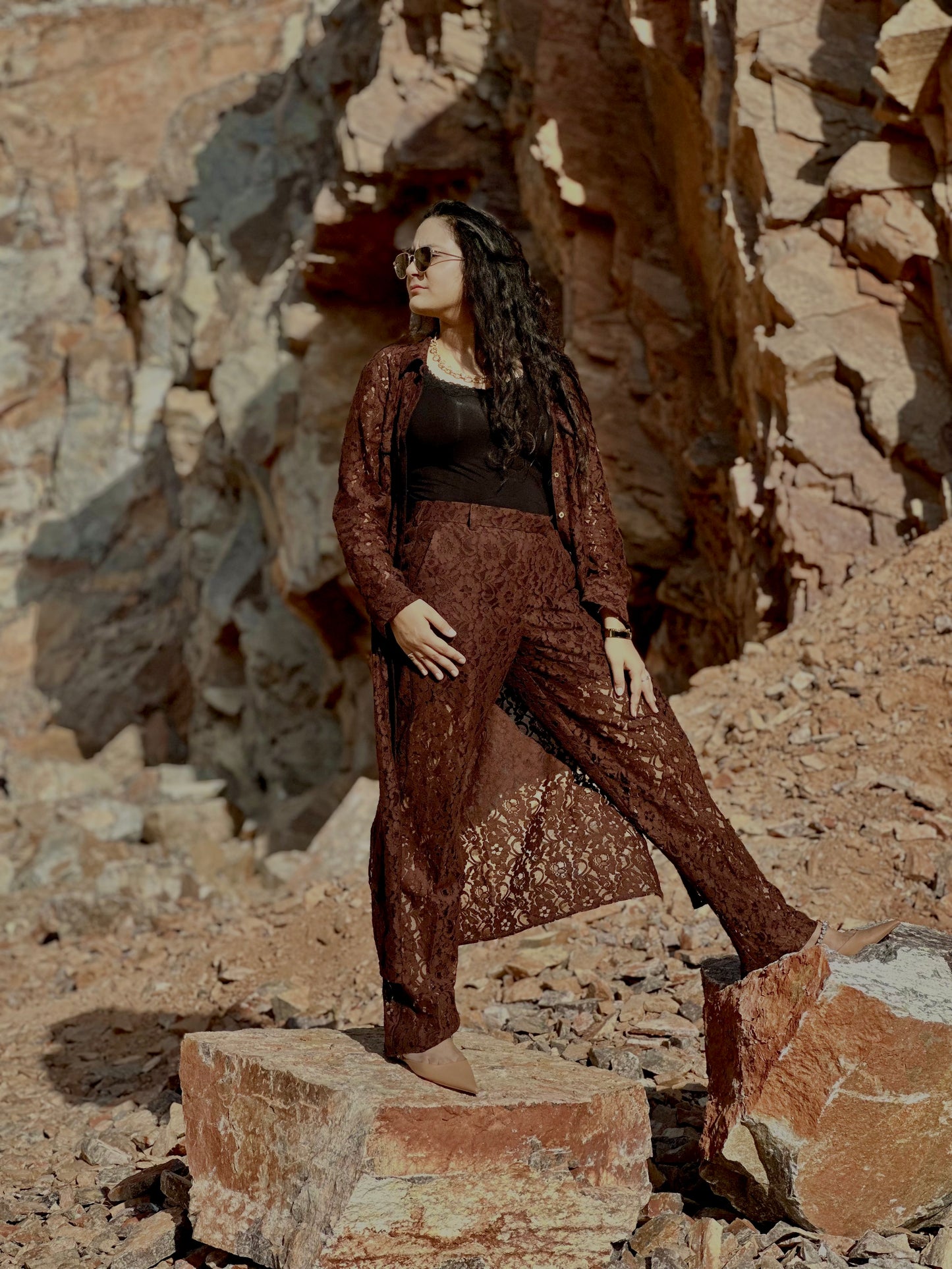 Women Brown Lace Coordinate Set - Ziona MuL