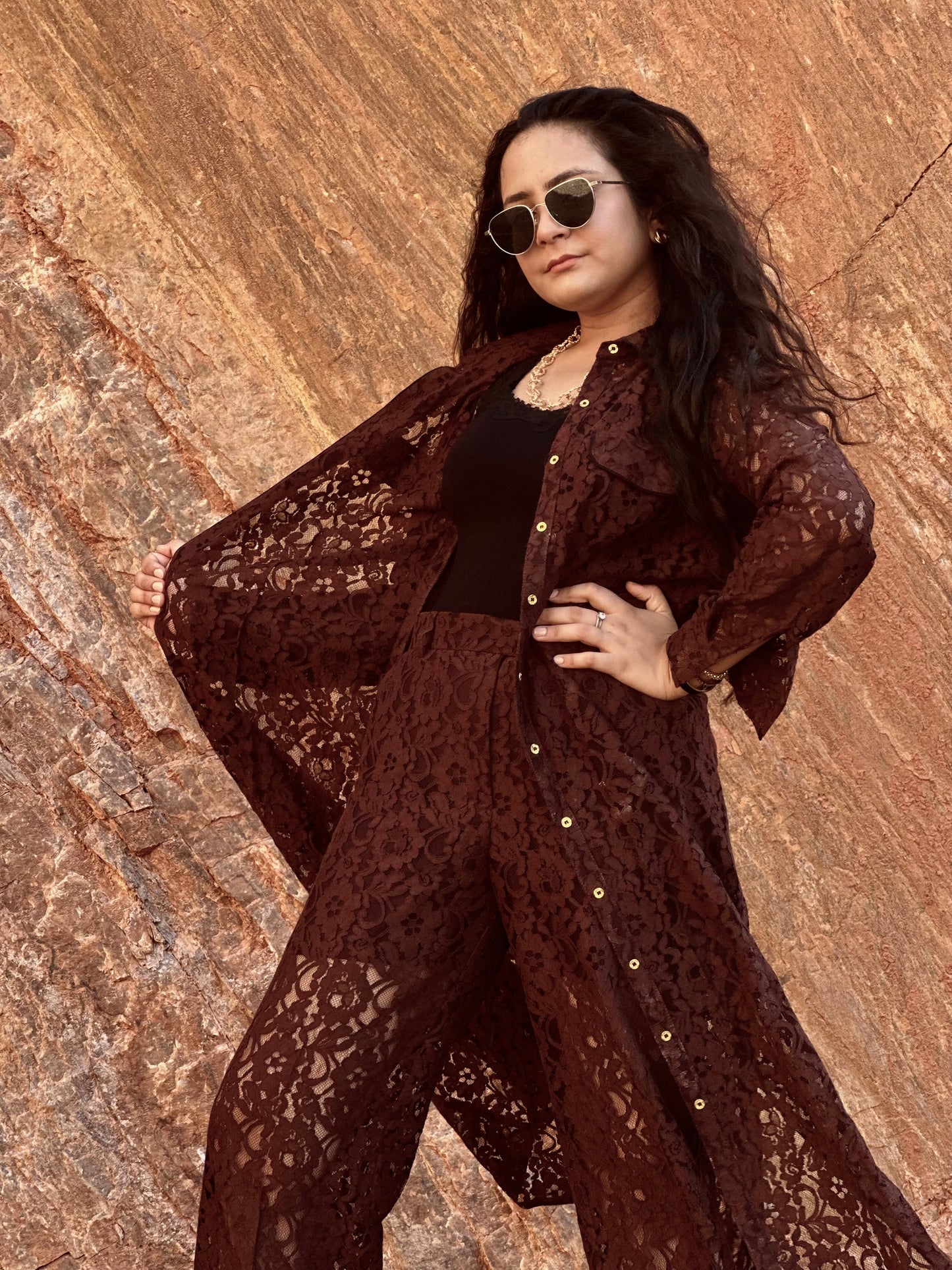 Women Brown Lace Coordinate Set - Ziona MuL