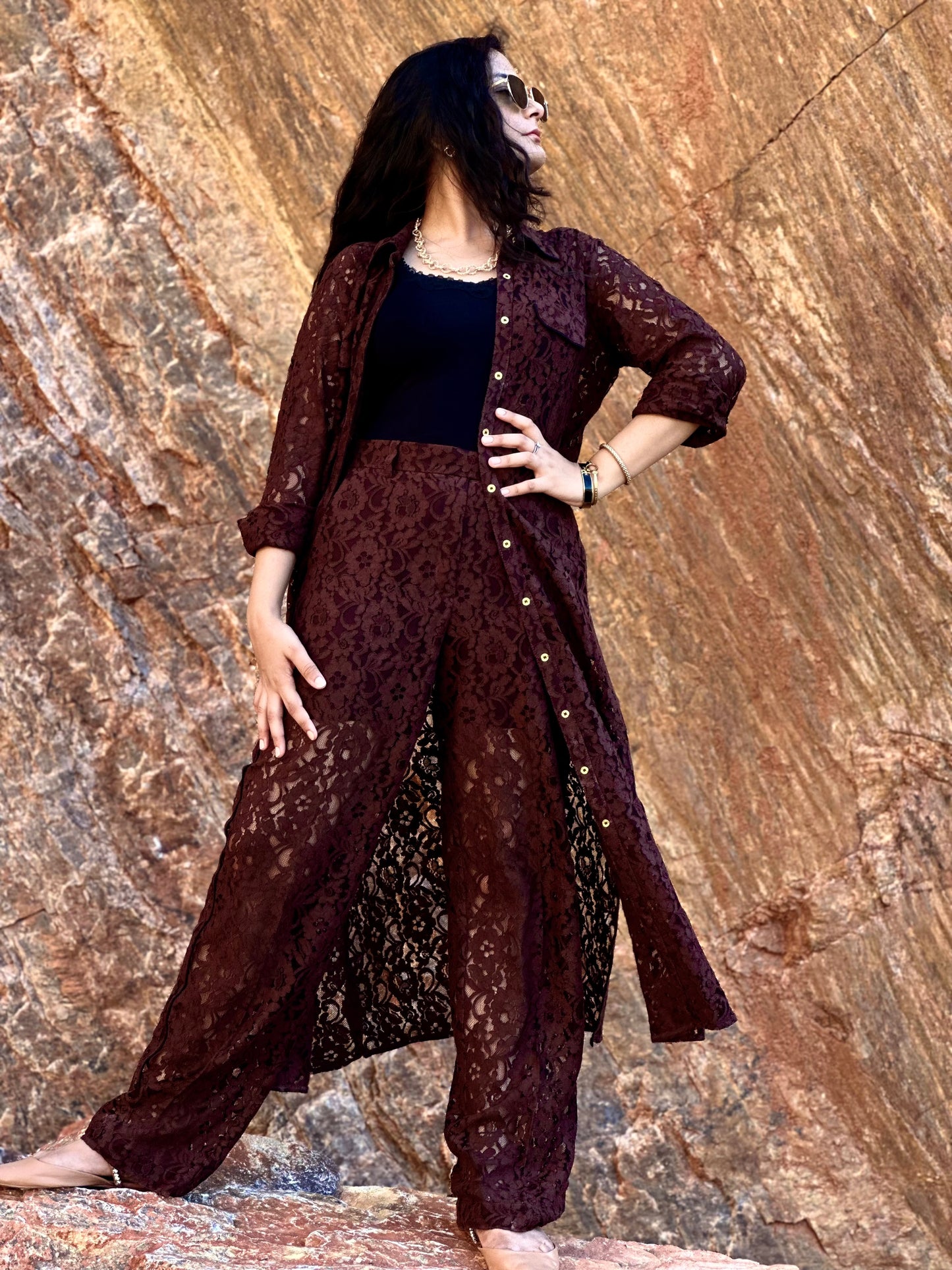 Women Brown Lace Coordinate Set - Ziona MuL