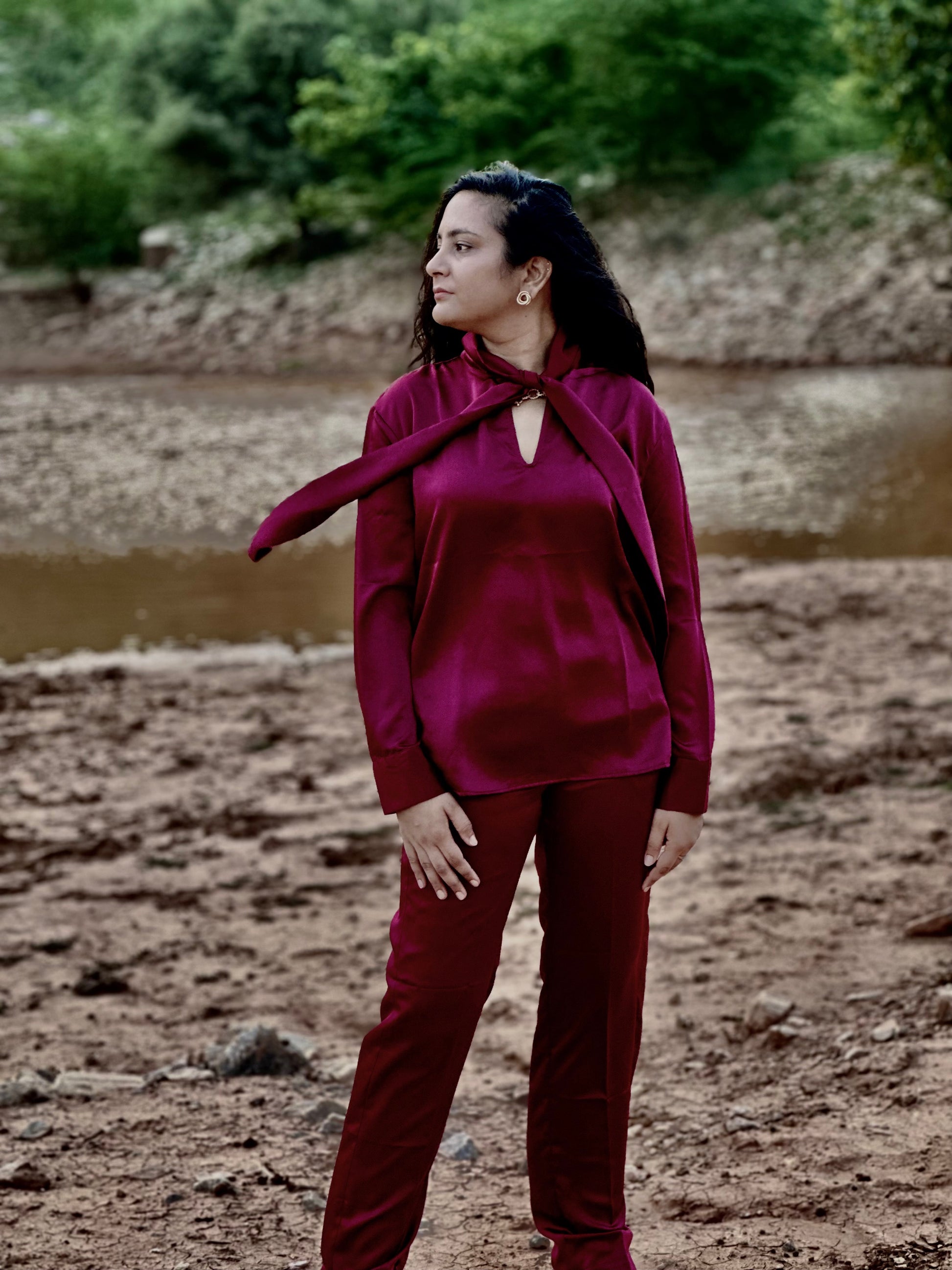 Women Maroon Satin Coordinate Set - Ziona MuL