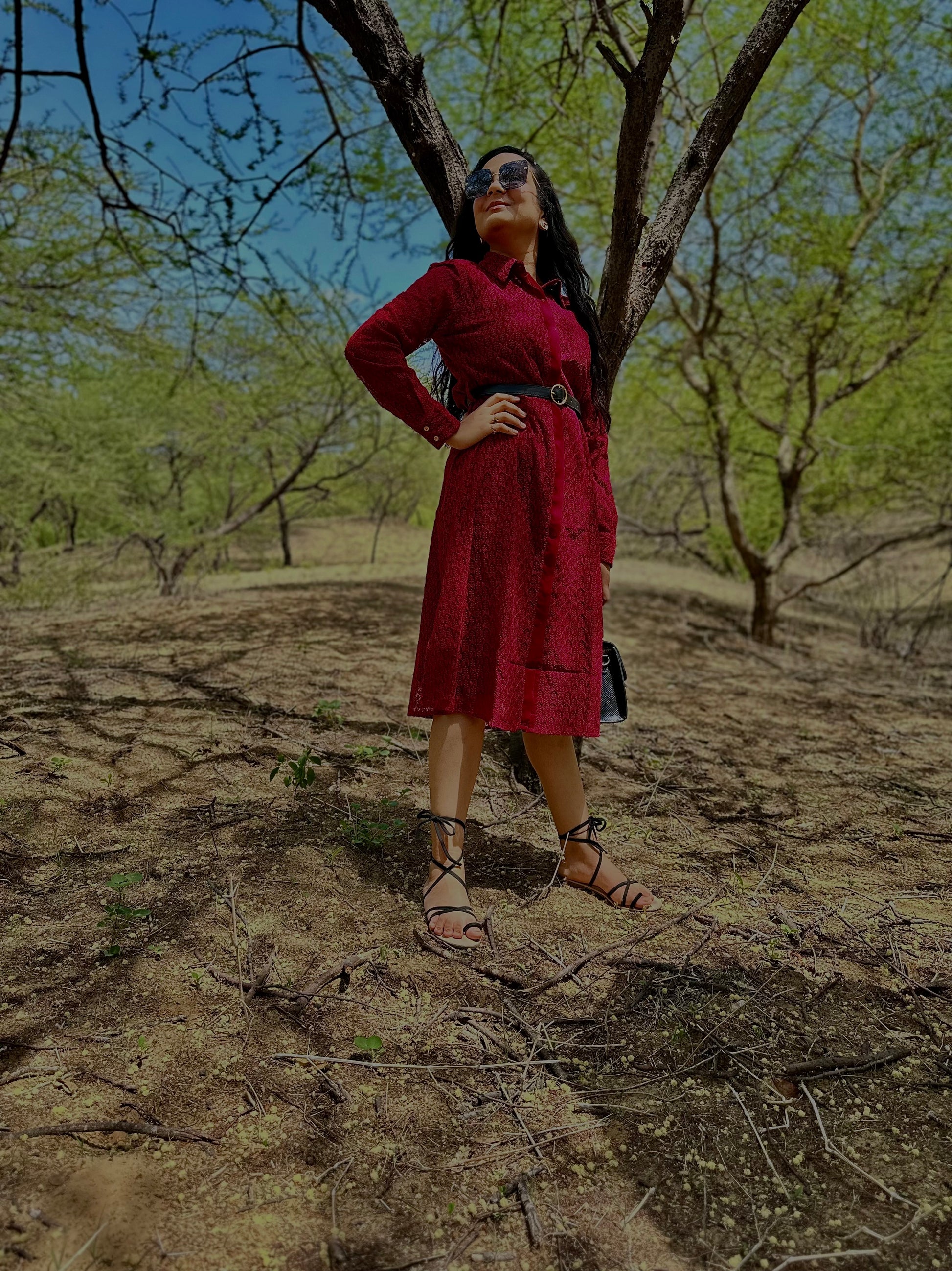 Women Maroon Embroidered Shirt Midi Dress - Ziona MuL