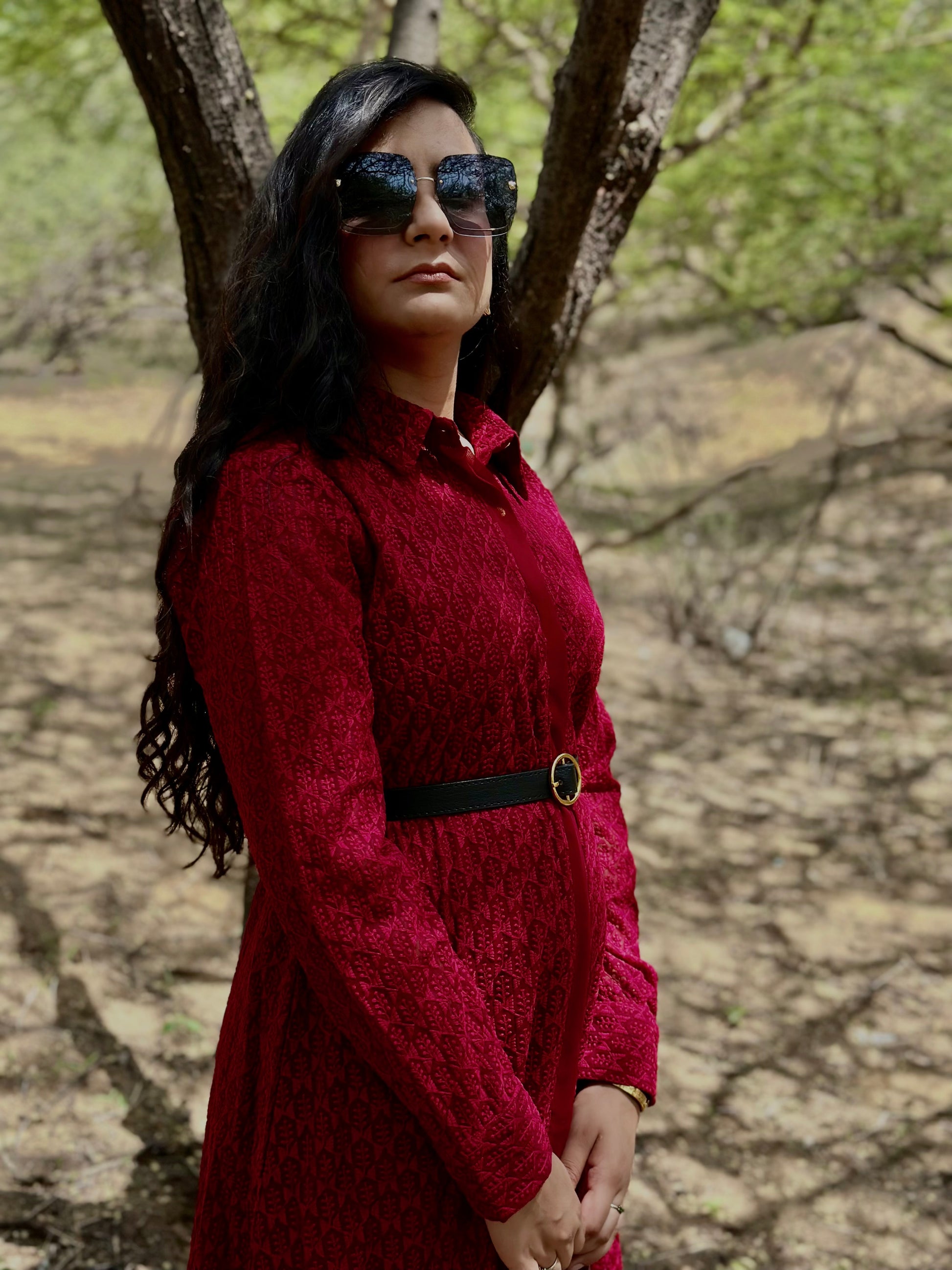 Women Maroon Embroidered Shirt Midi Dress - Ziona MuL