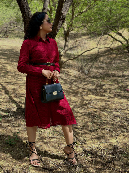 Women Maroon Embroidered Shirt Midi Dress - Ziona MuL