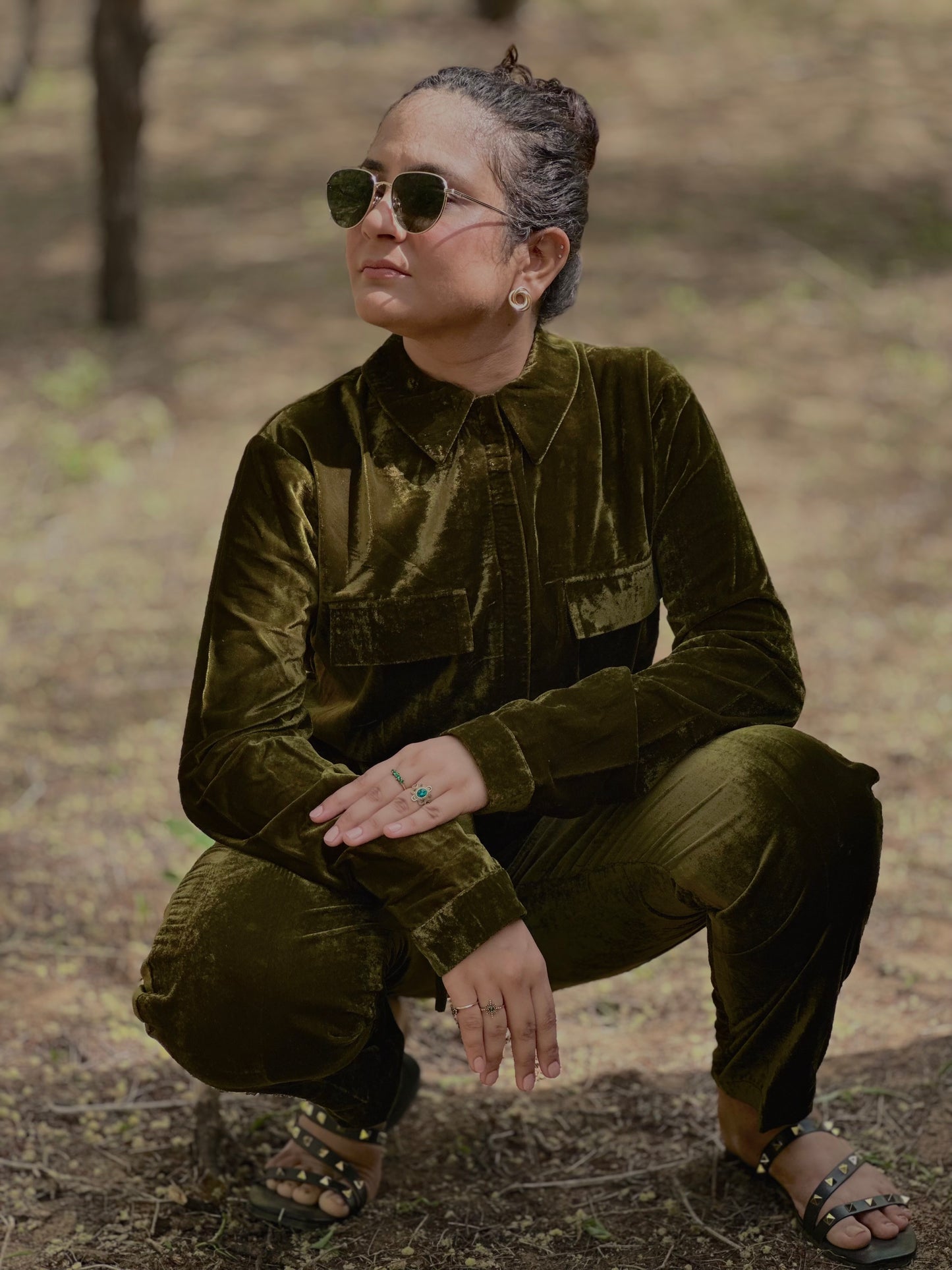 Women Olive Green Solid Velvet Basic Jumpsuit - Ziona MuL