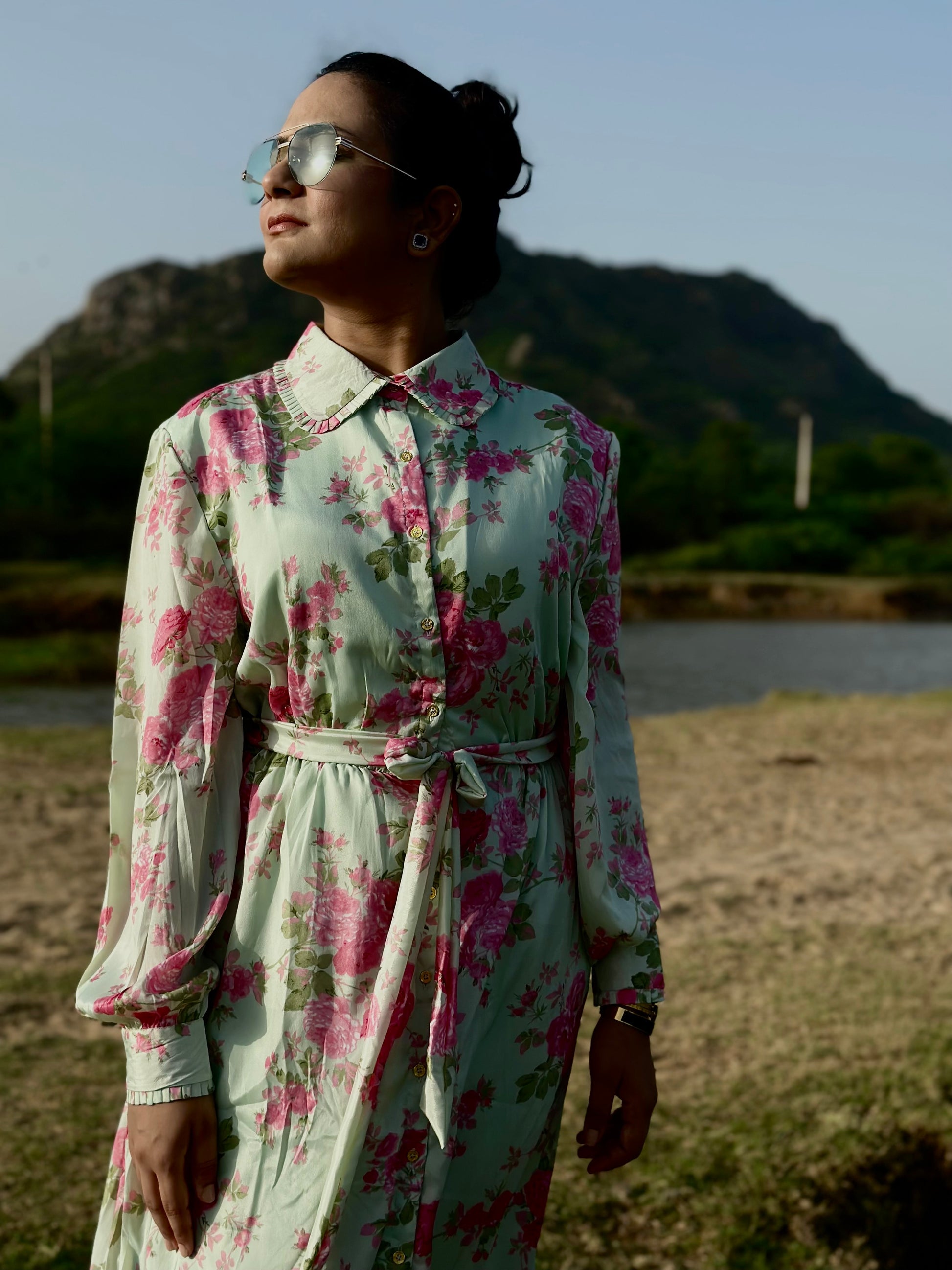 Women Green & Pink Floral Shirt dress - Ziona MuL