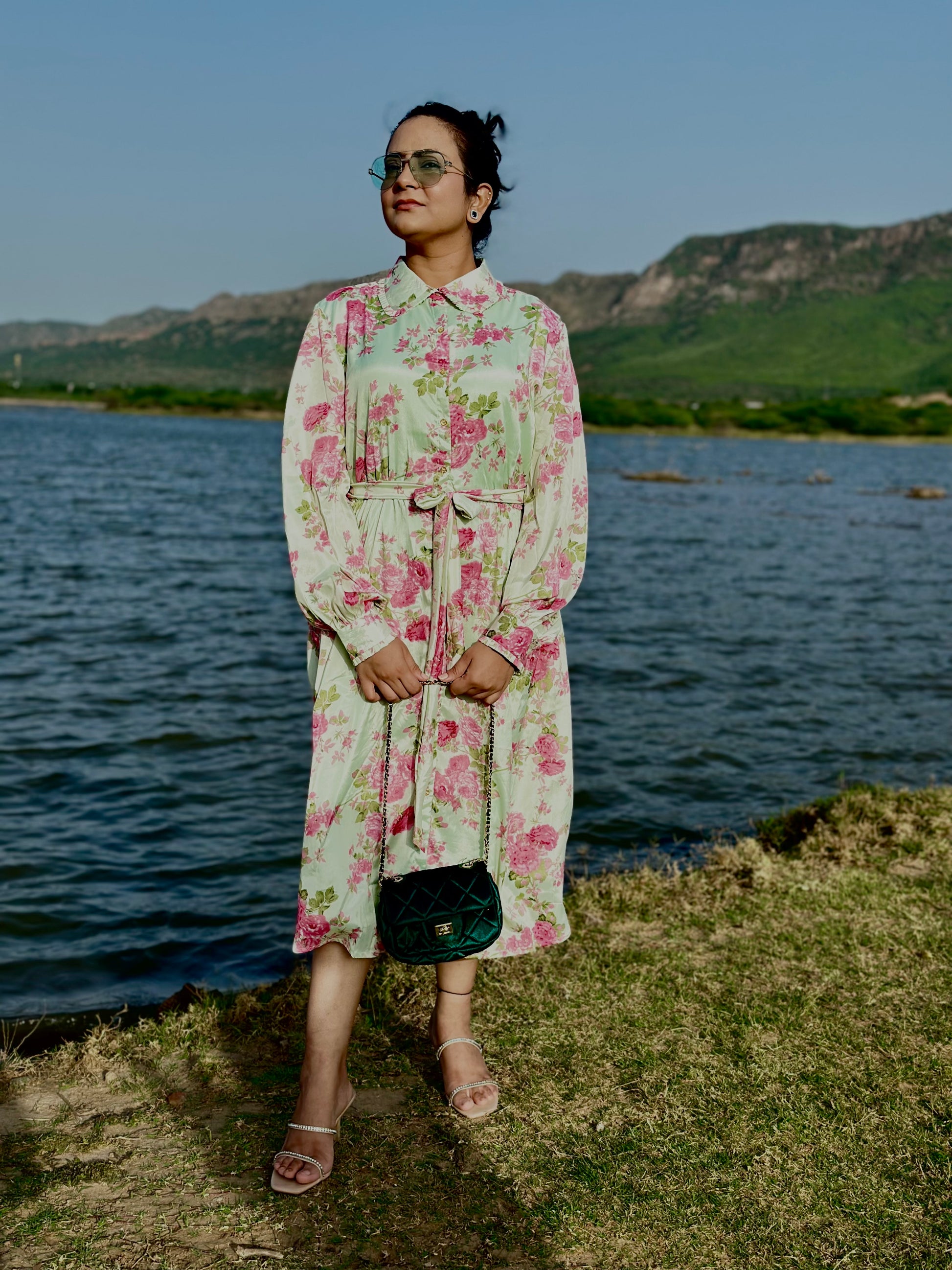 Women Green & Pink Floral Shirt dress - Ziona MuL