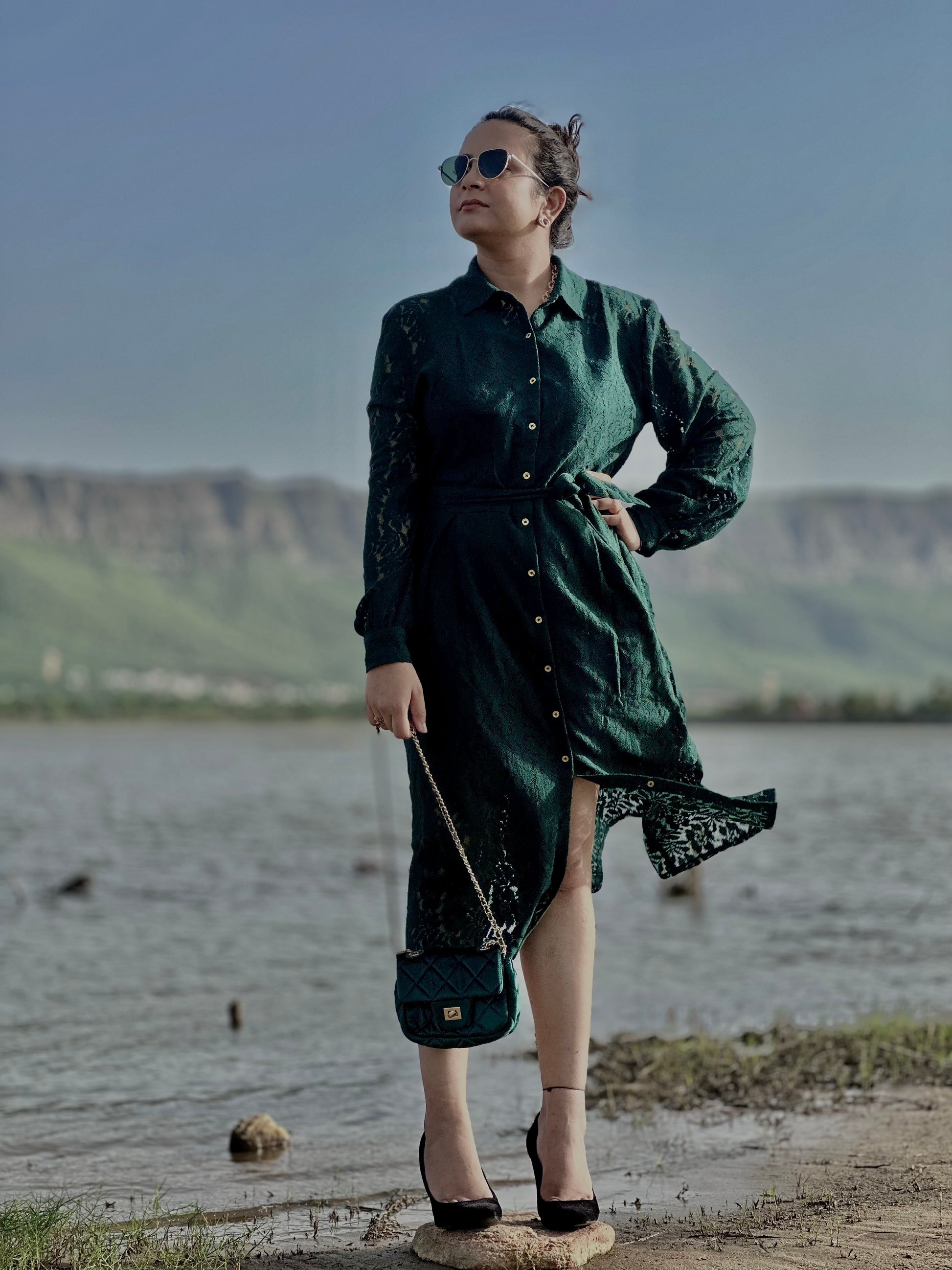 Women Green Shirt Lace Dress - Ziona MuL