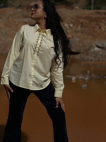 Women Yellow Cotton Embroidered Shirt - Ziona MuL