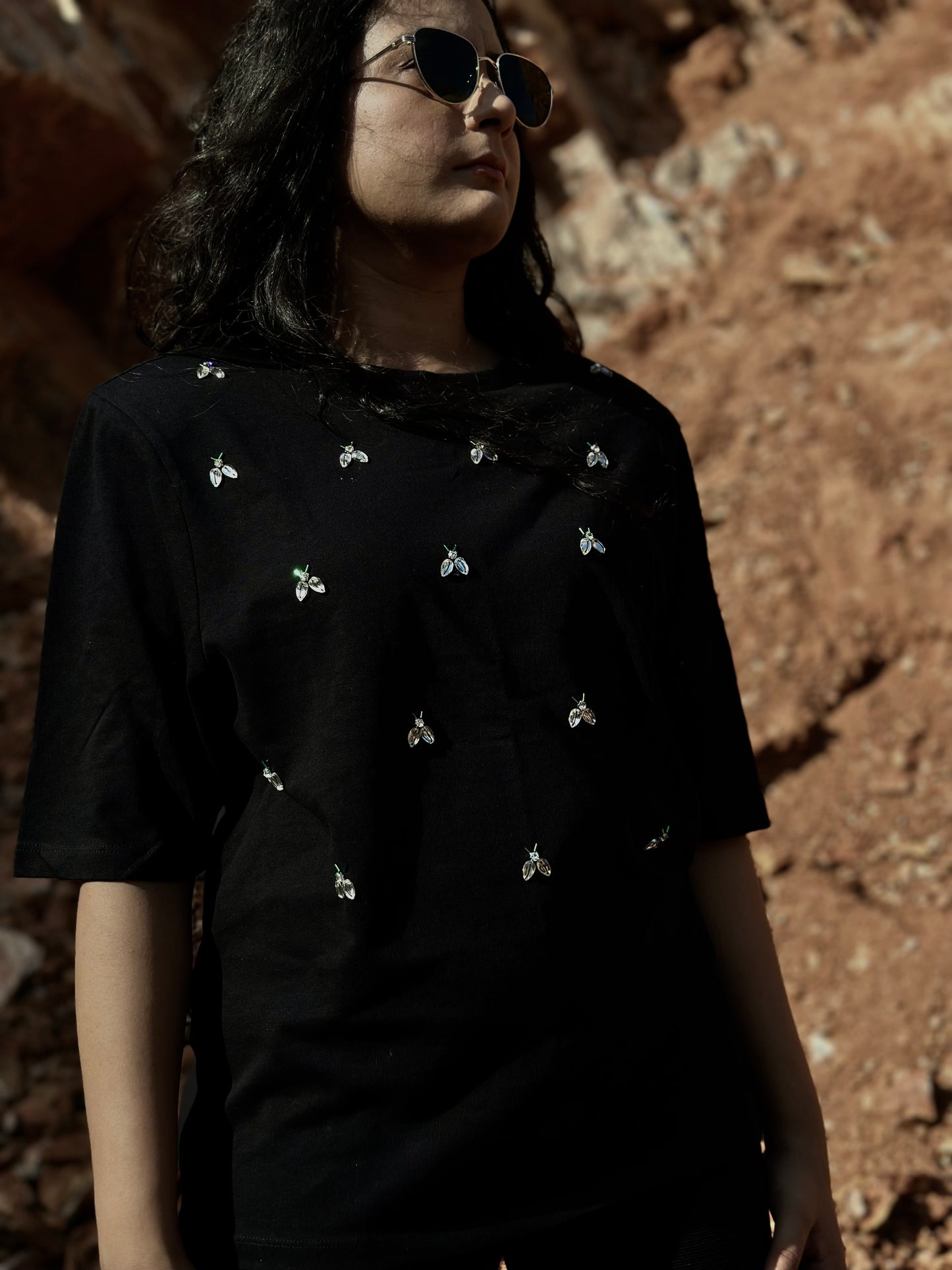 Women Black Embellished Tshirt