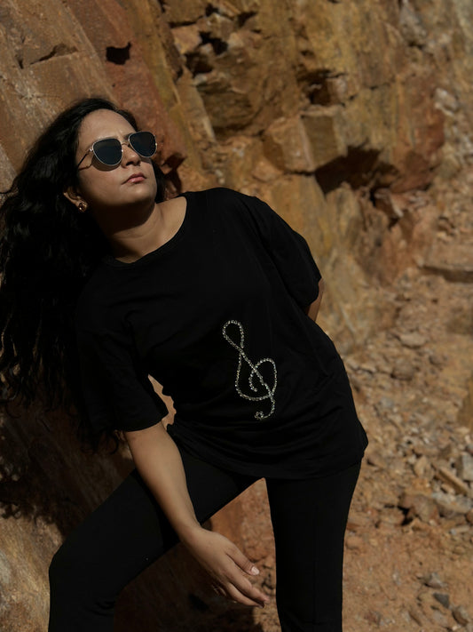 Women Black Embellished Tshirt