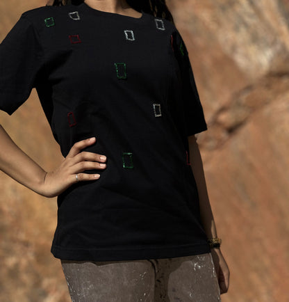 Women Black Embellished  Box Fit Tshirt