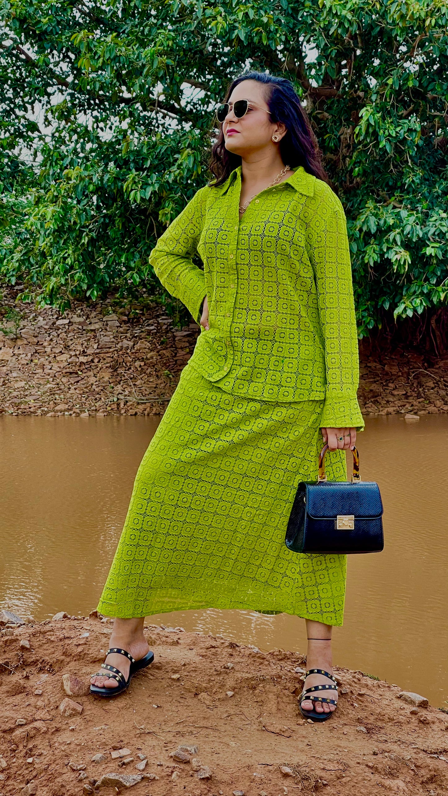 Women Green Crochet A-line skirt and Top - Ziona MuL