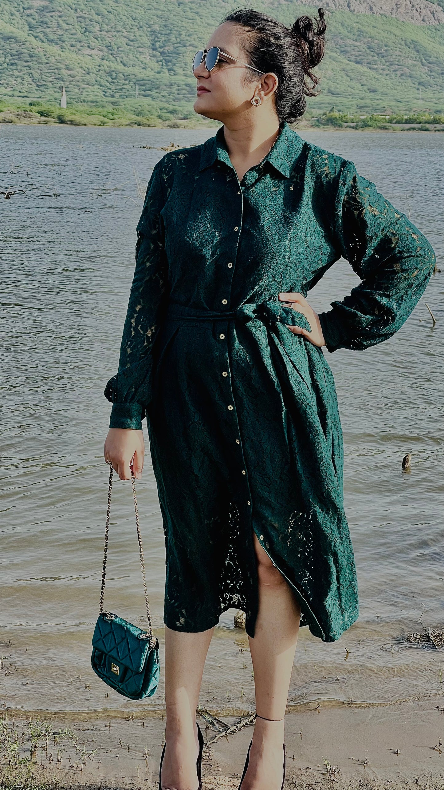 Women Green Shirt Lace Dress - Ziona MuL