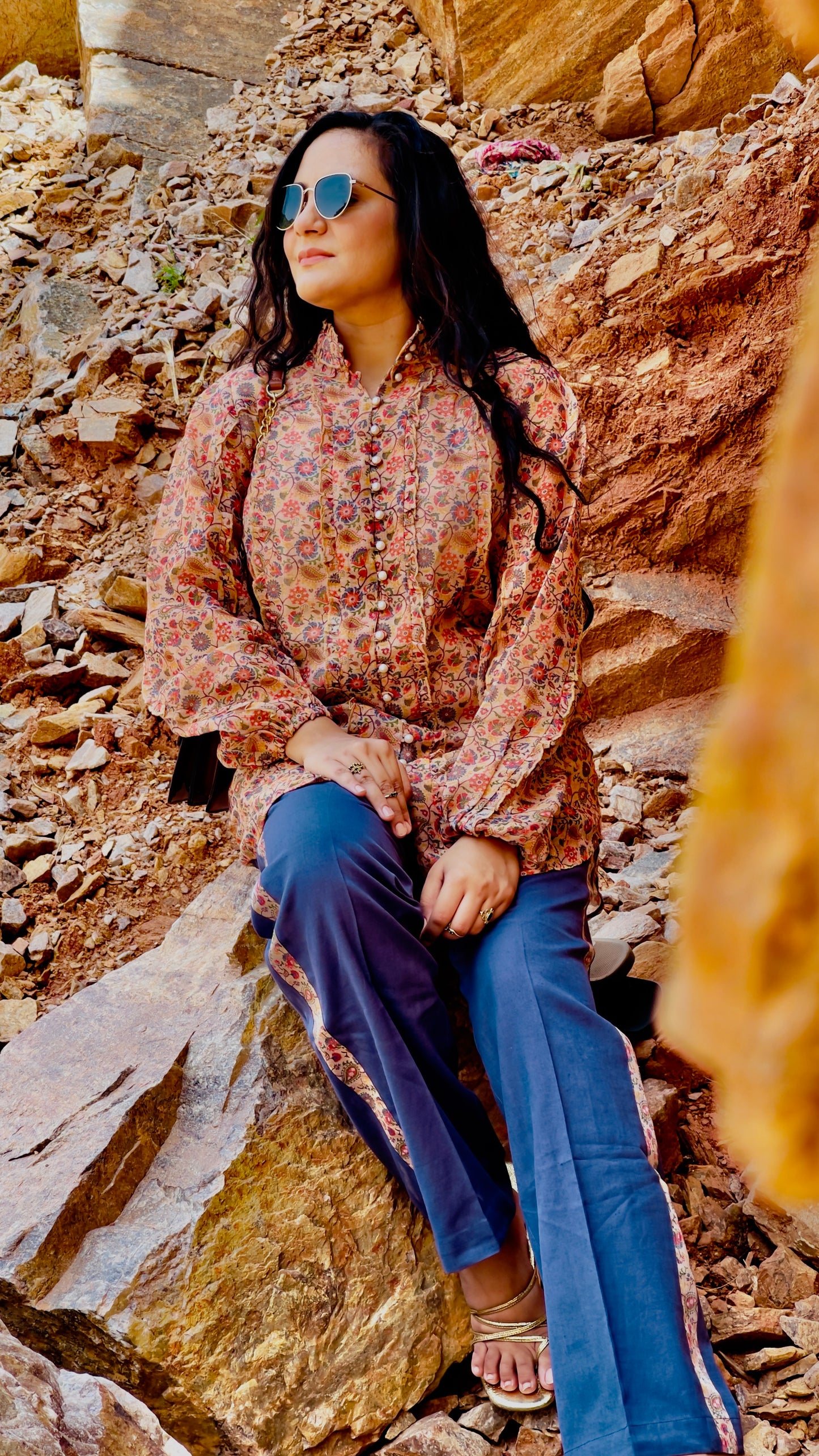 Women Floral Linen Top with Trouser Set - Ziona MuL