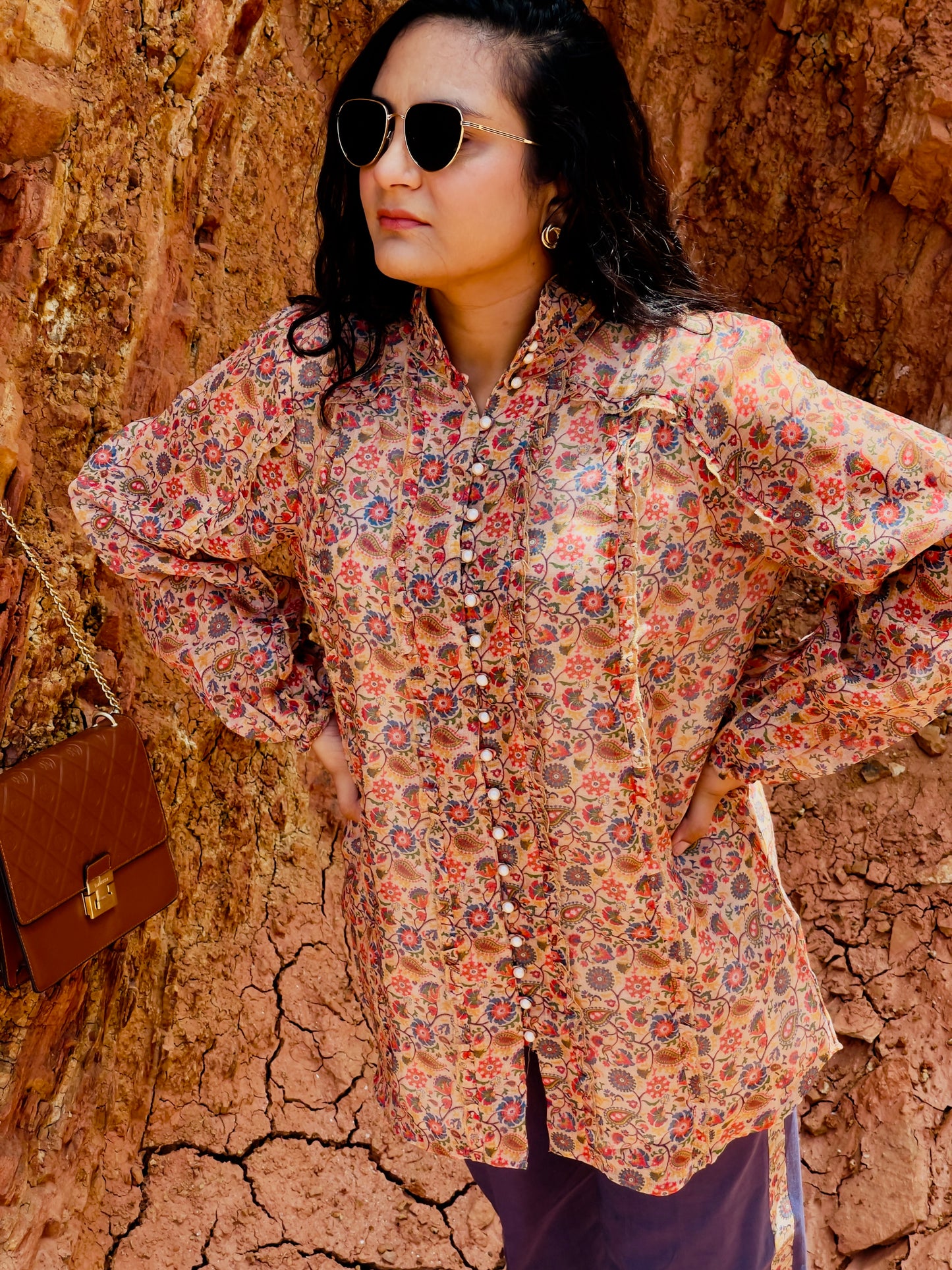 Women Floral Linen Top with Trouser Set - Ziona MuL