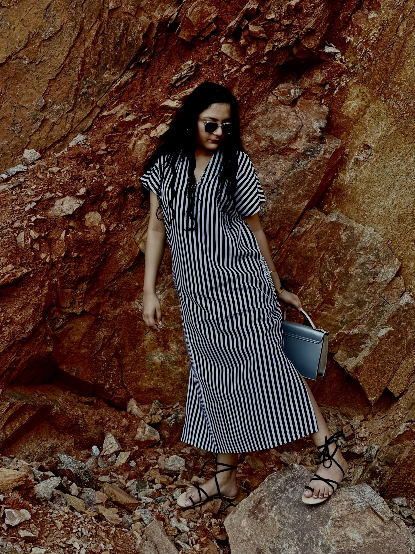 Women Black and White Striped Sustainable Cotton Embellished Shift Midi Dress - Ziona MuL