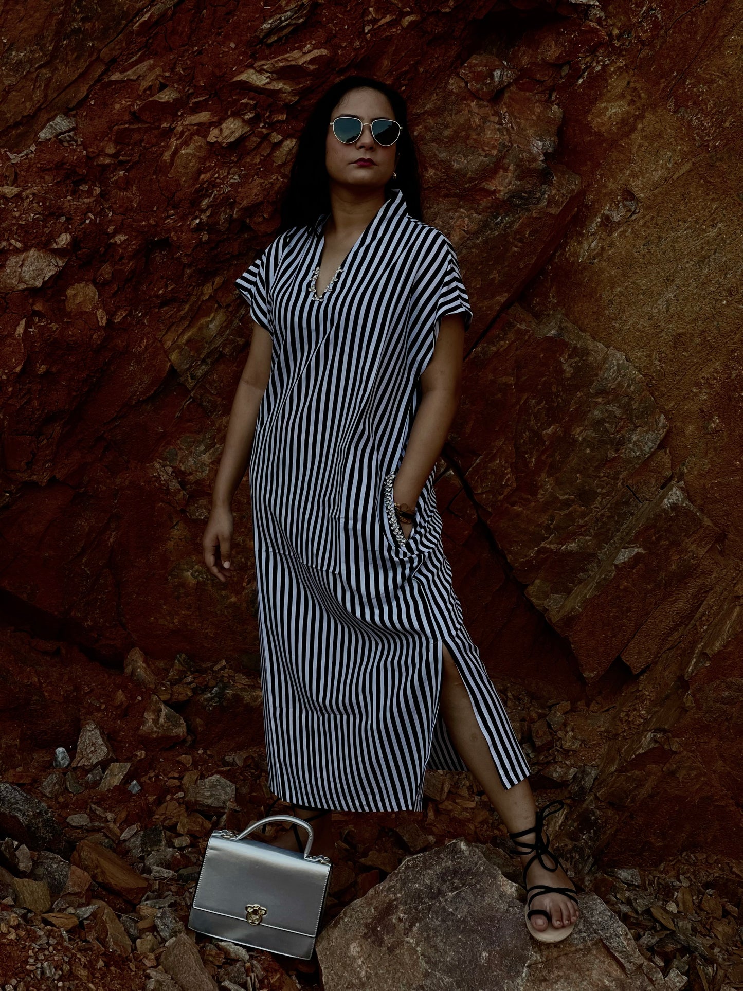 Women Black and White Striped Sustainable Cotton Embellished Shift Midi Dress - Ziona MuL