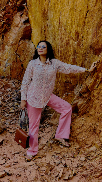 Women Off White Pink Lace Shirt and Bottom - Ziona MuL