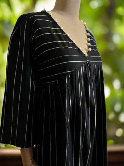 Women Black and White Striped Pleated Dress