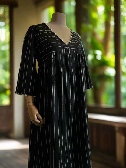 Women Black and White Striped Pleated Dress