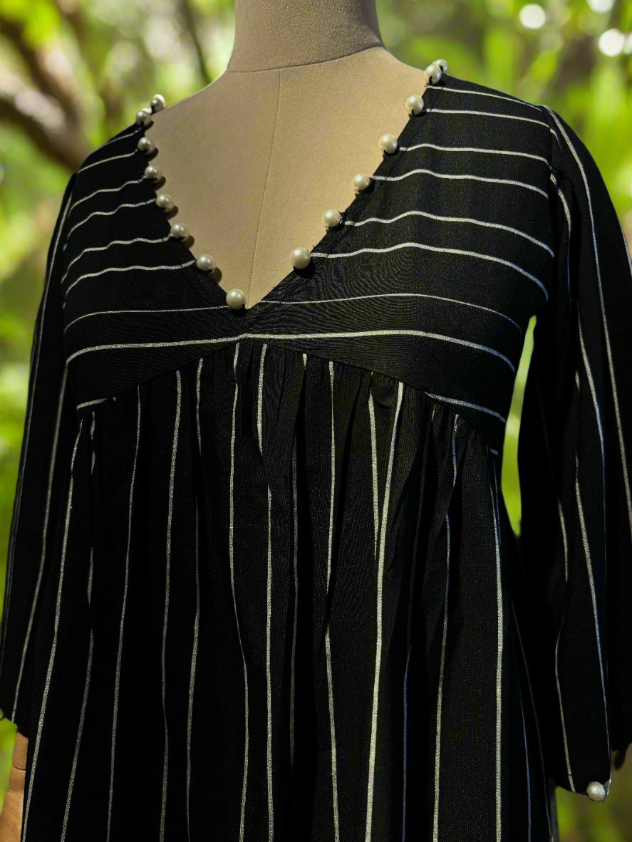 Women Black and White Striped Pleated Dress