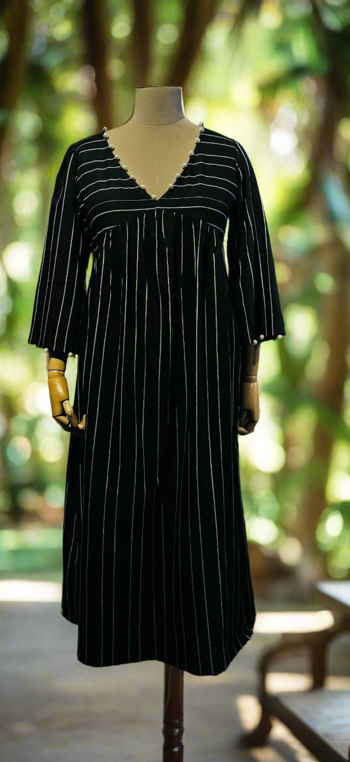 Women Black and White Striped Pleated Dress