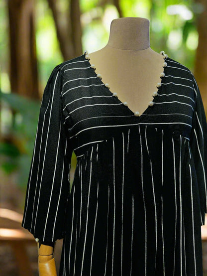 Women Black and White Striped Pleated Dress