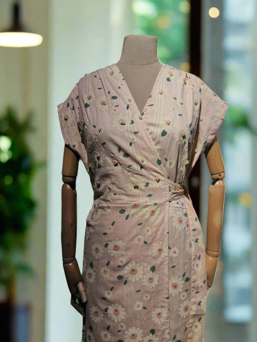 Women Pink Pearl Embellished  Wrap Dress