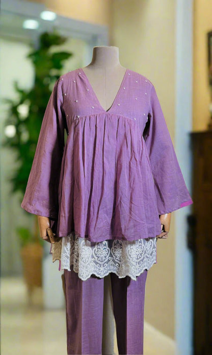 Women Lilac V-neck Pleated Co-ord Set