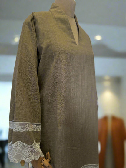 Women Taupe Lace Detailed Kurta Set