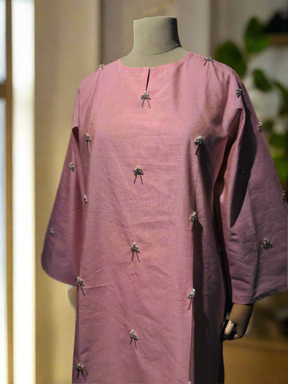 Women Baker Miller Pink Handwork Embellished Kurta Set