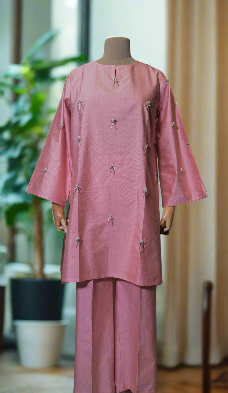 Women Baker Miller Pink Handwork Embellished Kurta Set