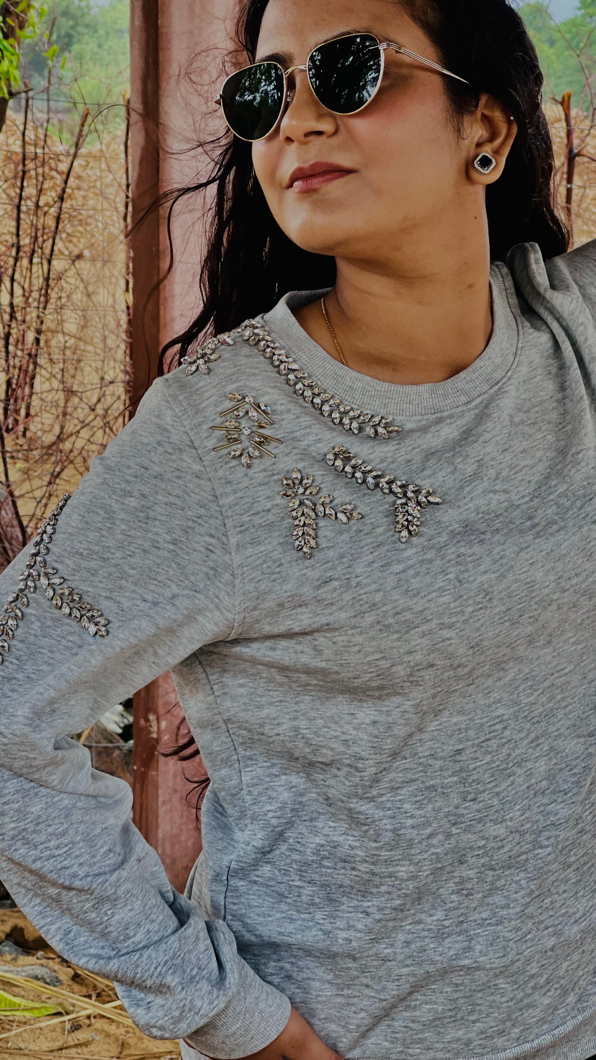 Women Grey Embellished Sweatshirt - Ziona MuL