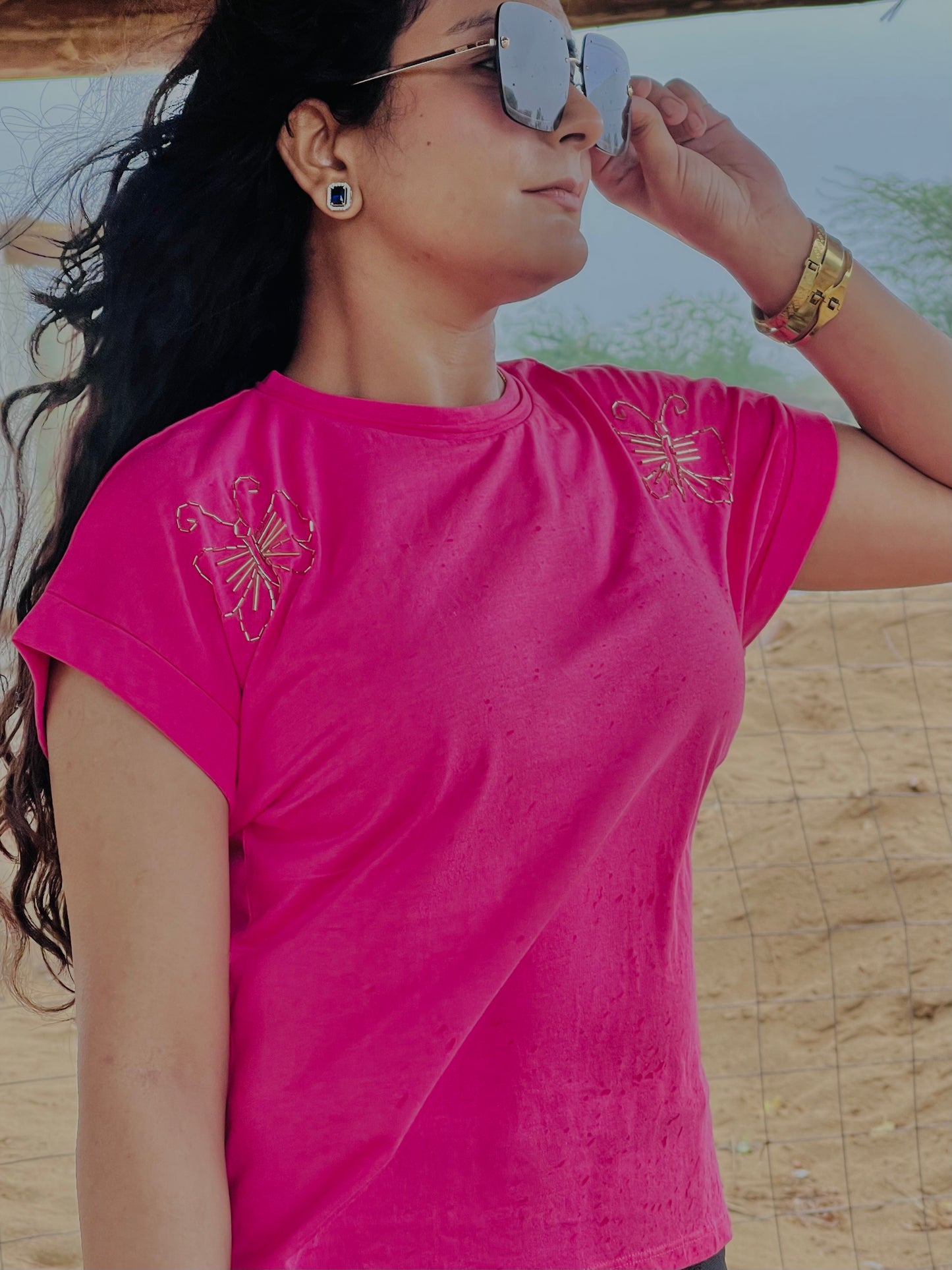 Women Pink Pure cotton Solid Embellished Tshirt - Ziona MuL