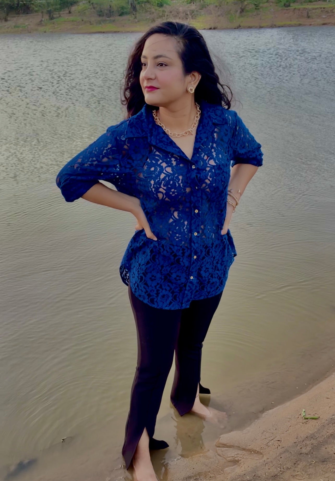 Women Navy Blue Lace Shirt - Ziona MuL