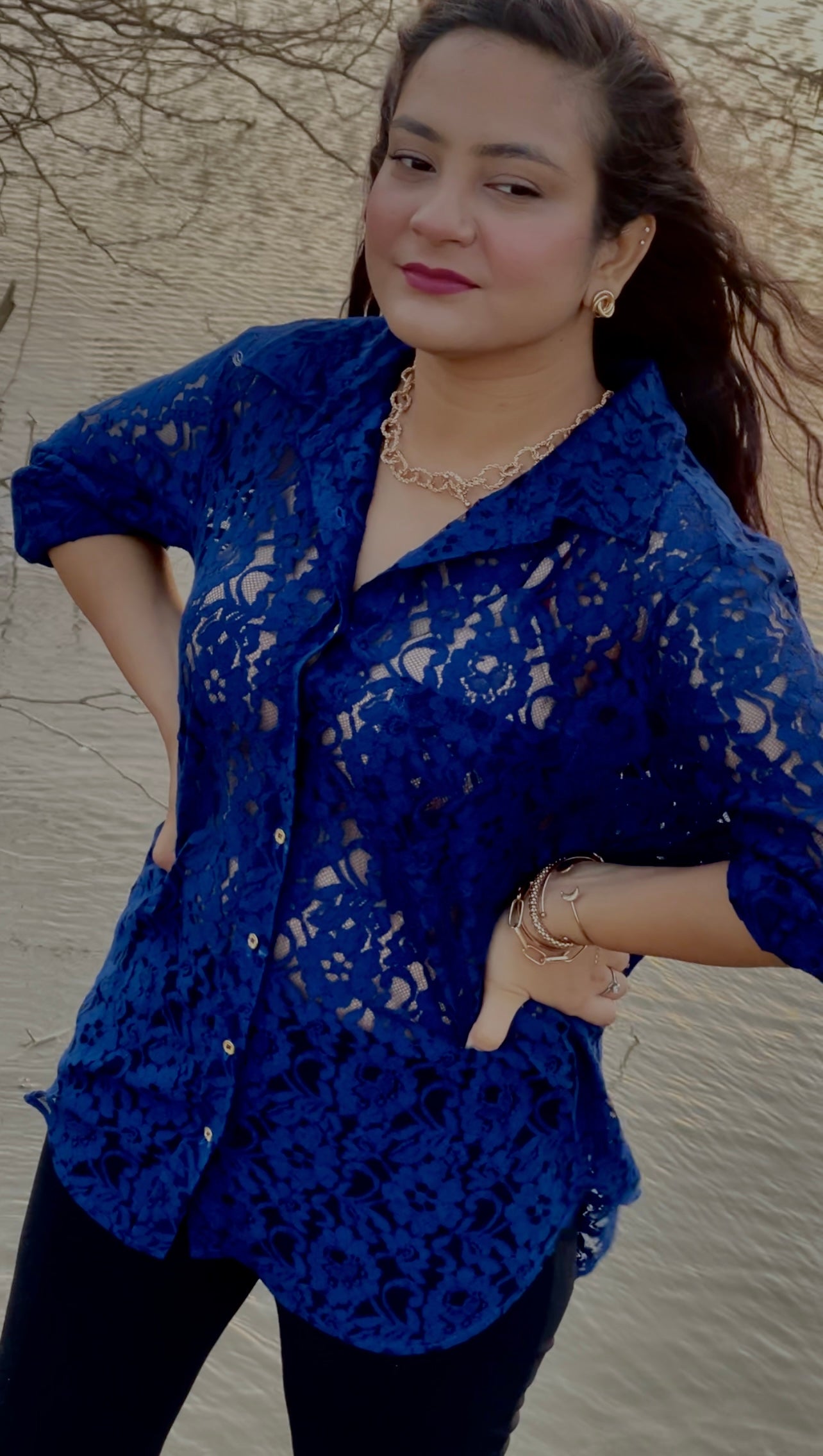 Women Navy Blue Lace Shirt - Ziona MuL