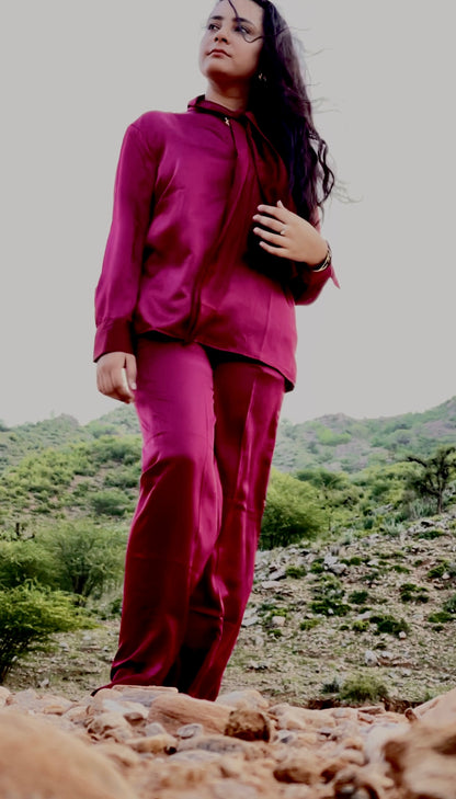 Women Maroon Satin Coordinate Set - Ziona MuL