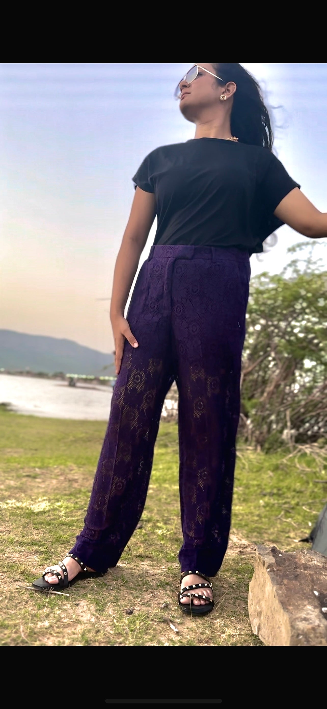 Women Purple Crochet Look Cotton Trousers - Ziona MuL