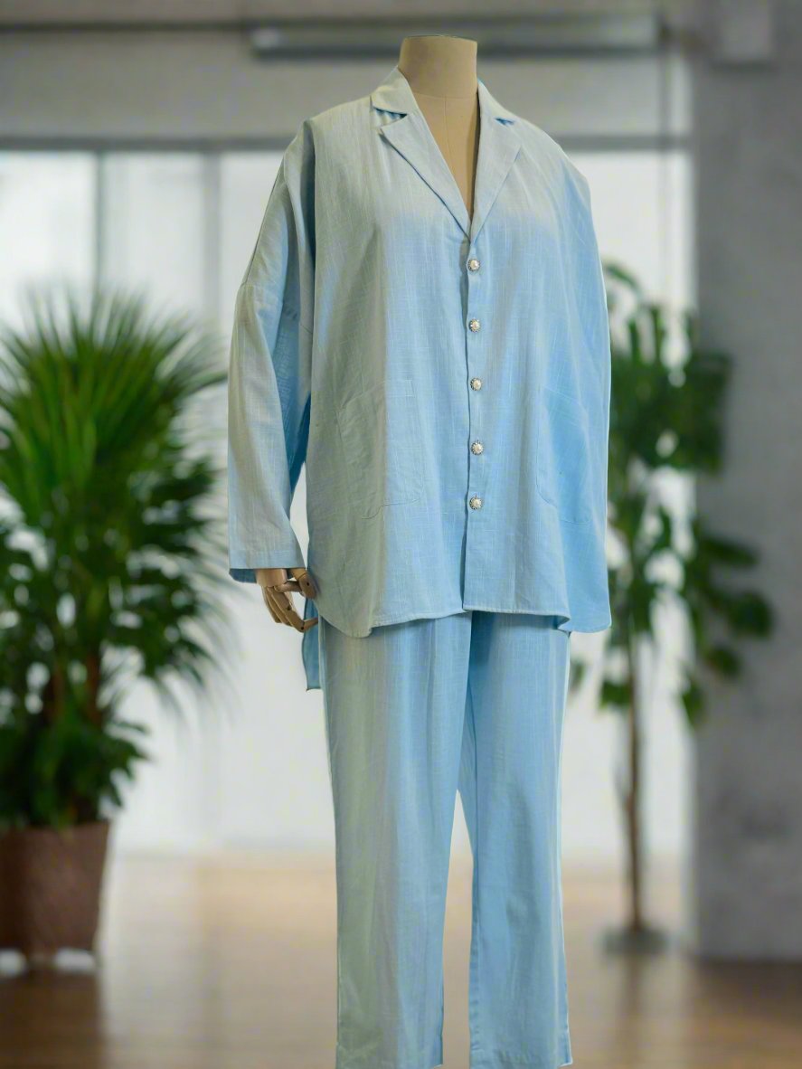 Women Light Blue Oversized shirt with Trouser Set