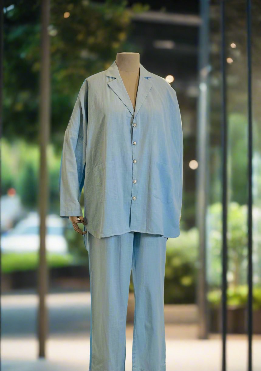 Women Light Blue Oversized shirt with Trouser Set