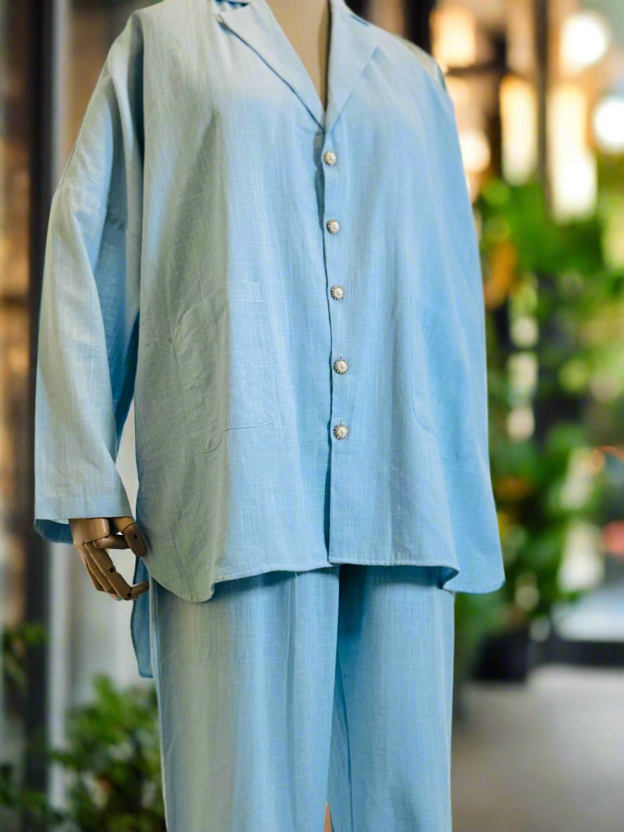 Women Light Blue Oversized shirt with Trouser Set