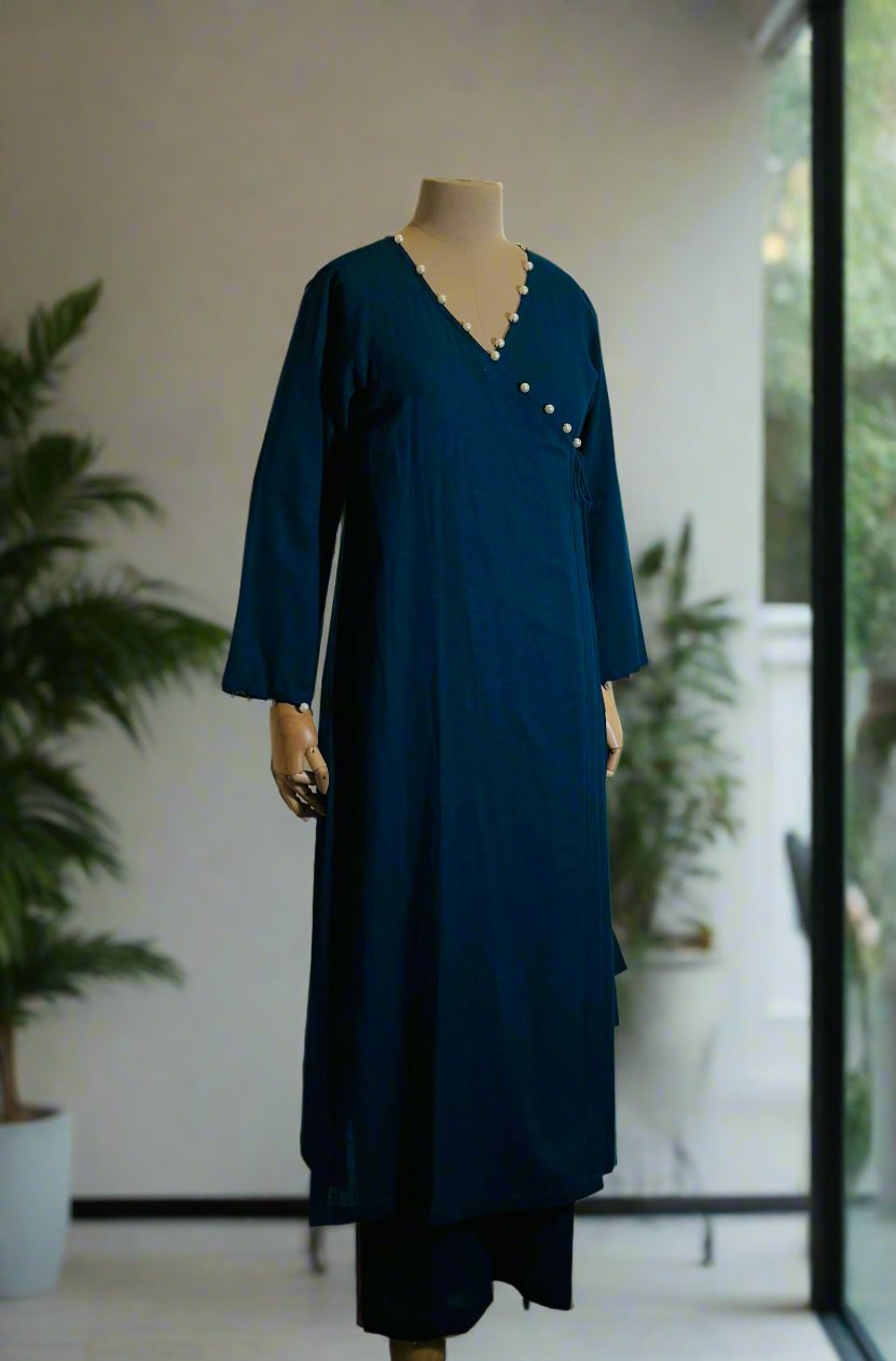 Women Teal Blue Pearl Embellished cotton Kurta Set