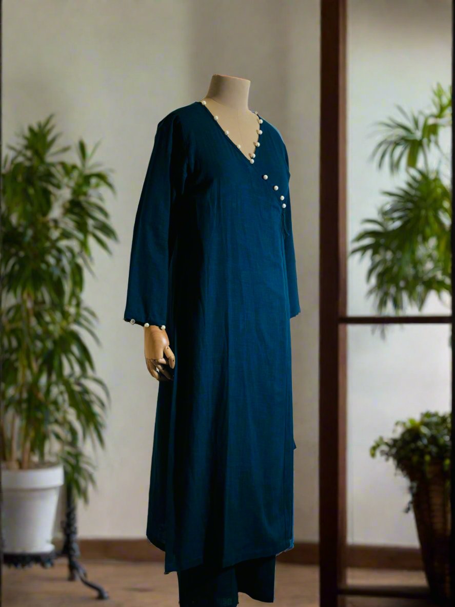 Women Teal Blue Pearl Embellished cotton Kurta Set