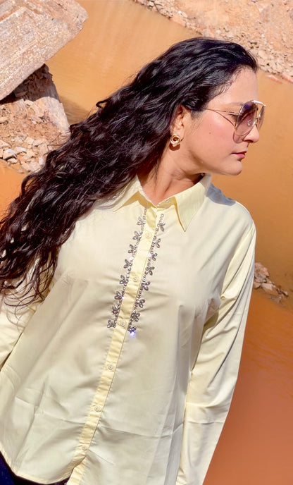 Women Yellow Cotton Embroidered Shirt - Ziona MuL