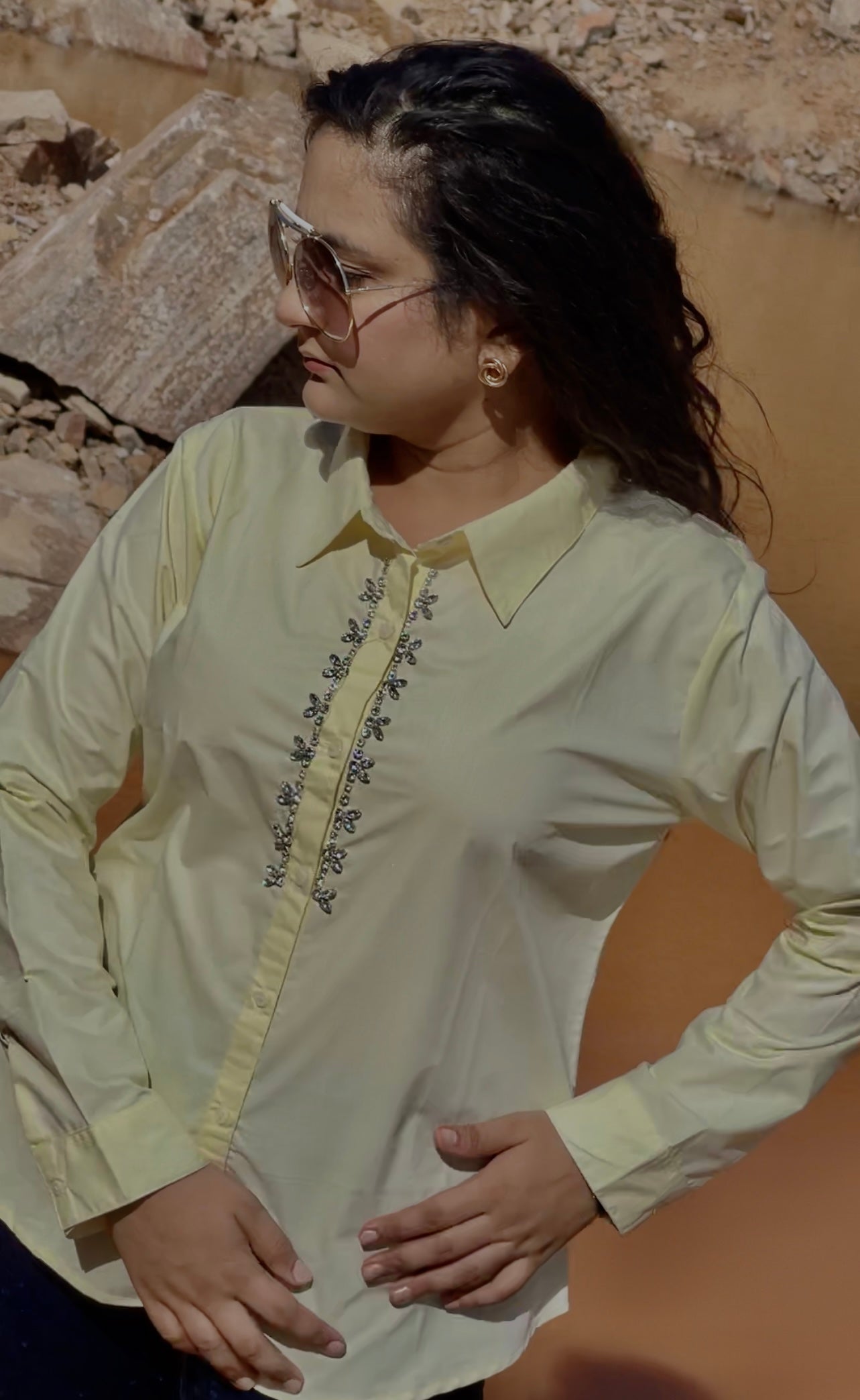 Women Yellow Cotton Embroidered Shirt - Ziona MuL