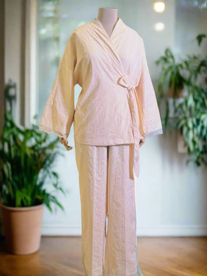 Women Pink Wrap Top with Trousers Set