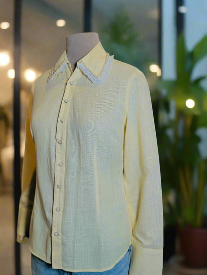 Women yellow hand embroidered Pure Cotton Slim Fit Shirt